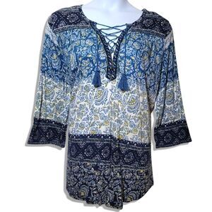 Lucky Brand Paisley Floral Blue & White 3/4 Sleeve Lace-Up V-Neck Blouse Shirt